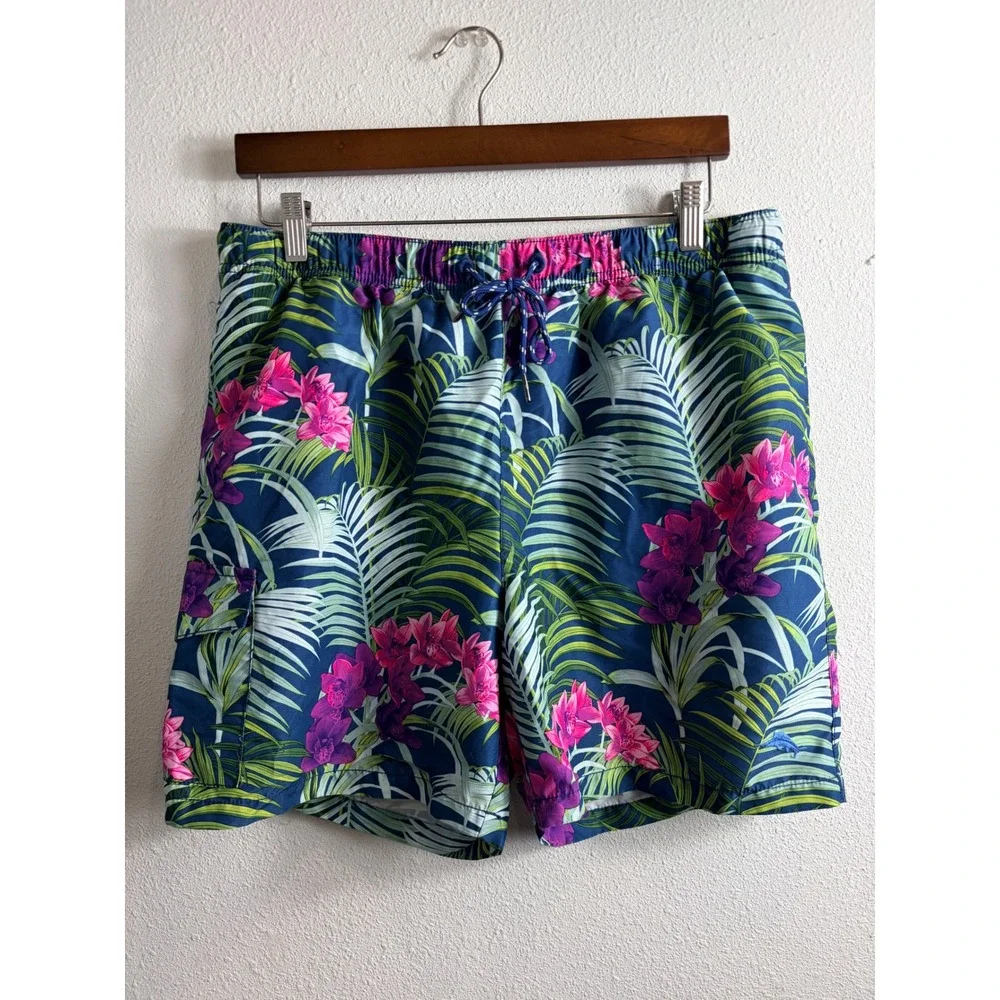 Tommy Bahama Mens Swim Trunks Blue Large Tropical Floral Palm Cargo Shorts Beach